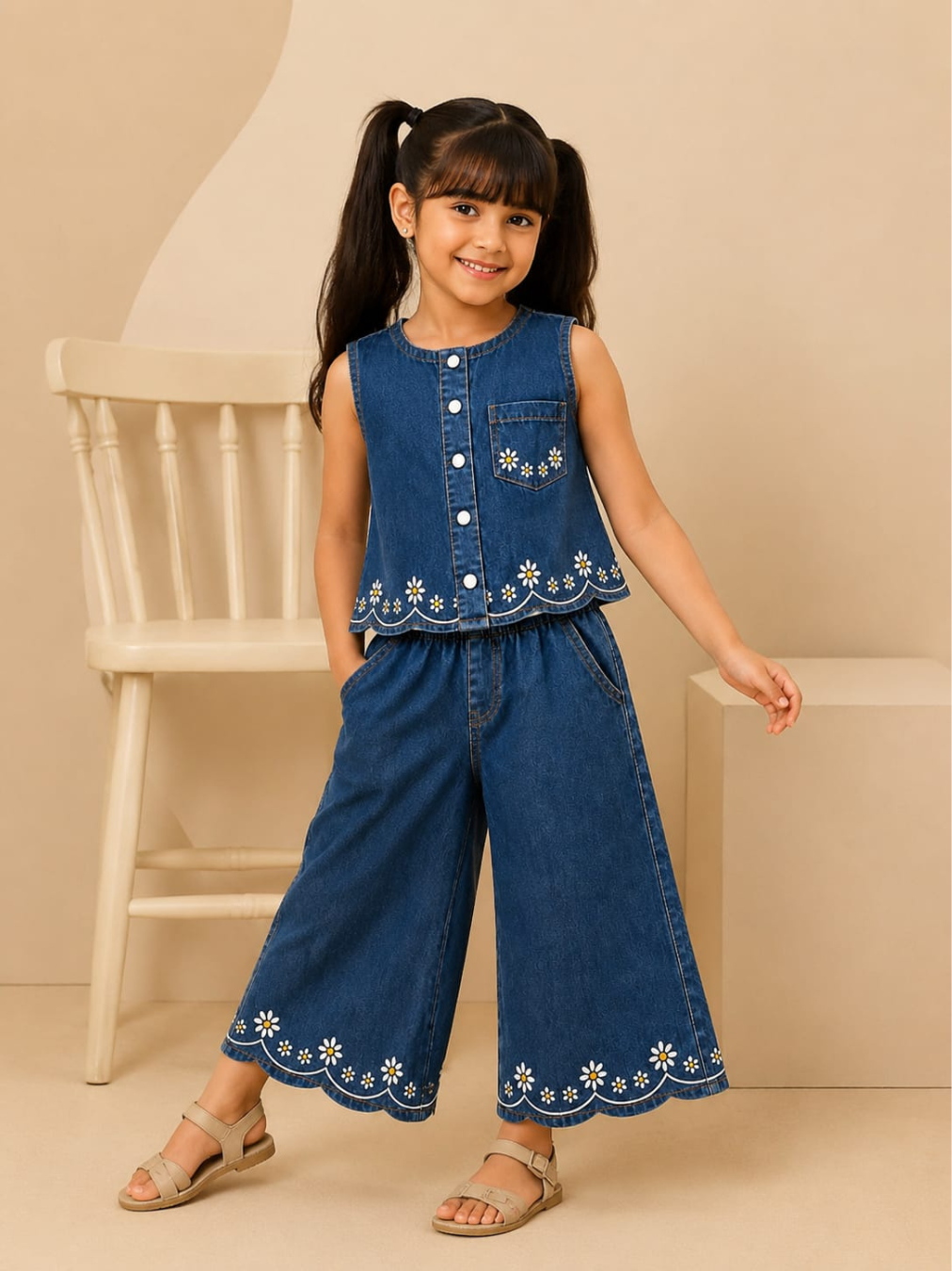 Deep Blue Denim Floral Scallop Co-Ord Set