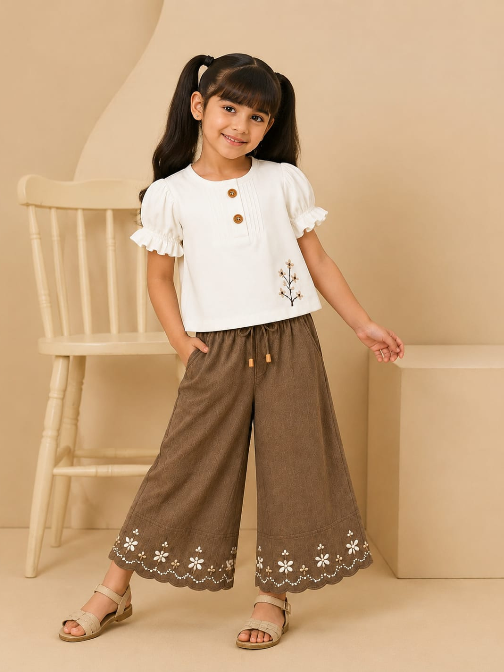 Ivory Embroidered Top & Brown Wide-Leg Pants Set