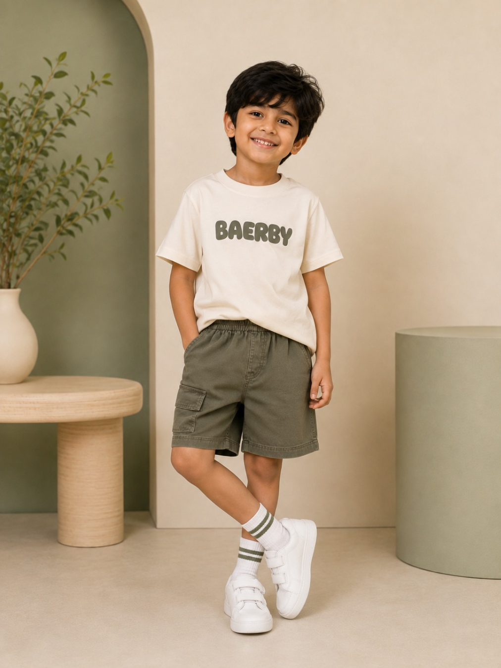 Graphic T-Shirt & Olive Cargo Shorts Set