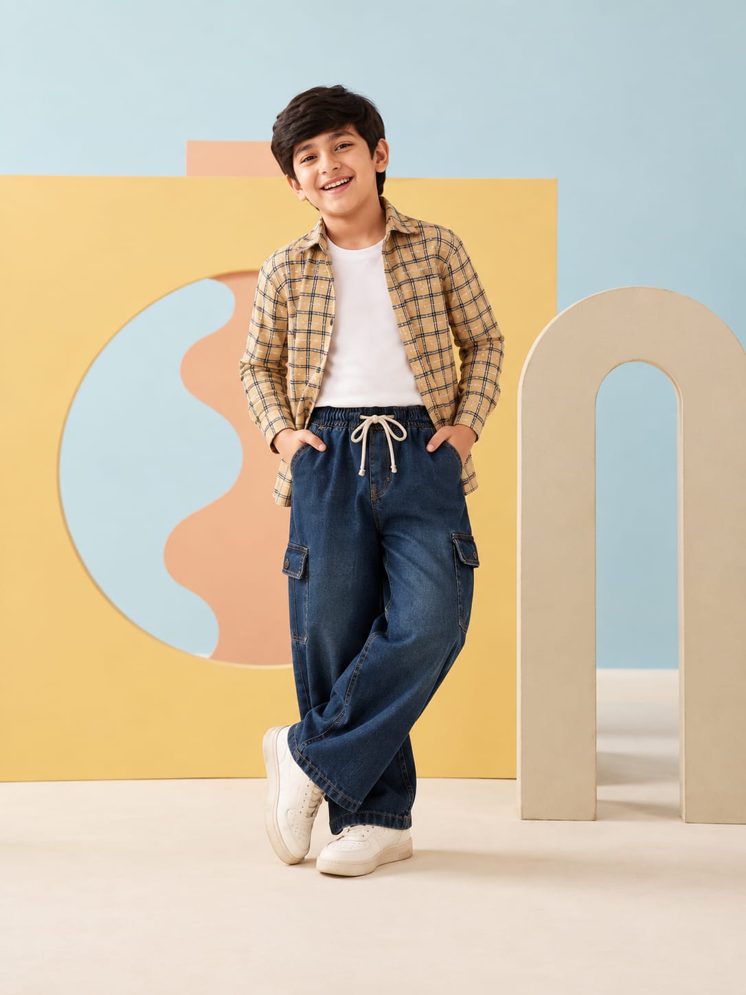 Beige Checked Shirt & Dark Denim Cargo Set