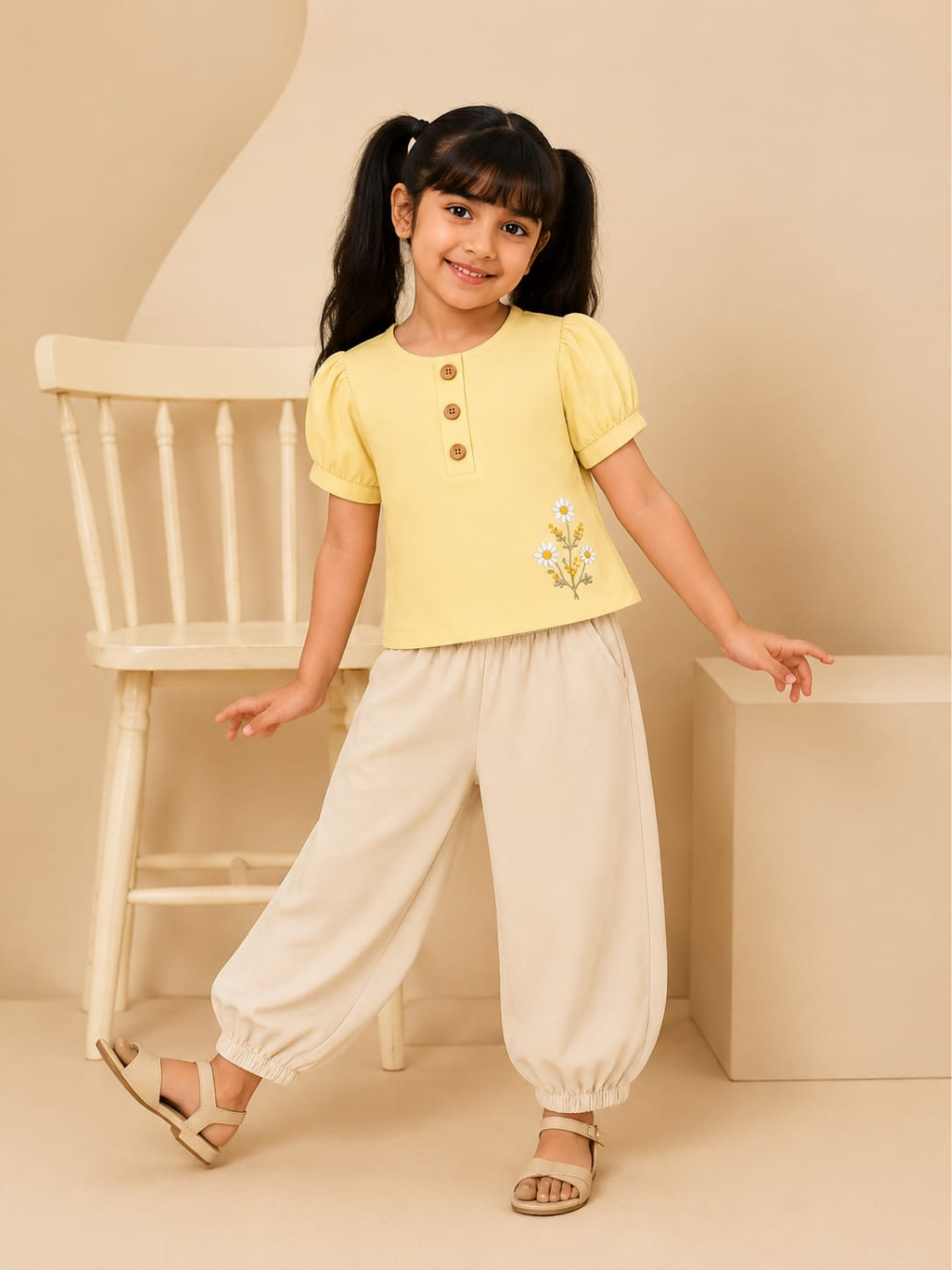Sunshine Yellow Floral Top & Cream Jogger Set