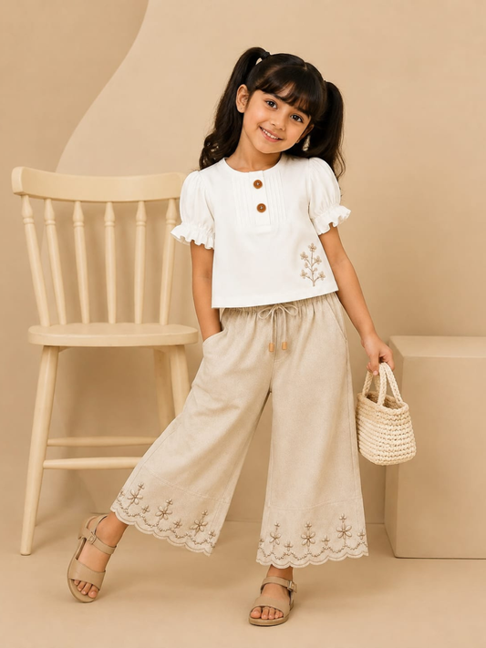 Ivory Embroidered Top & Cream Wide-Leg Pants Set