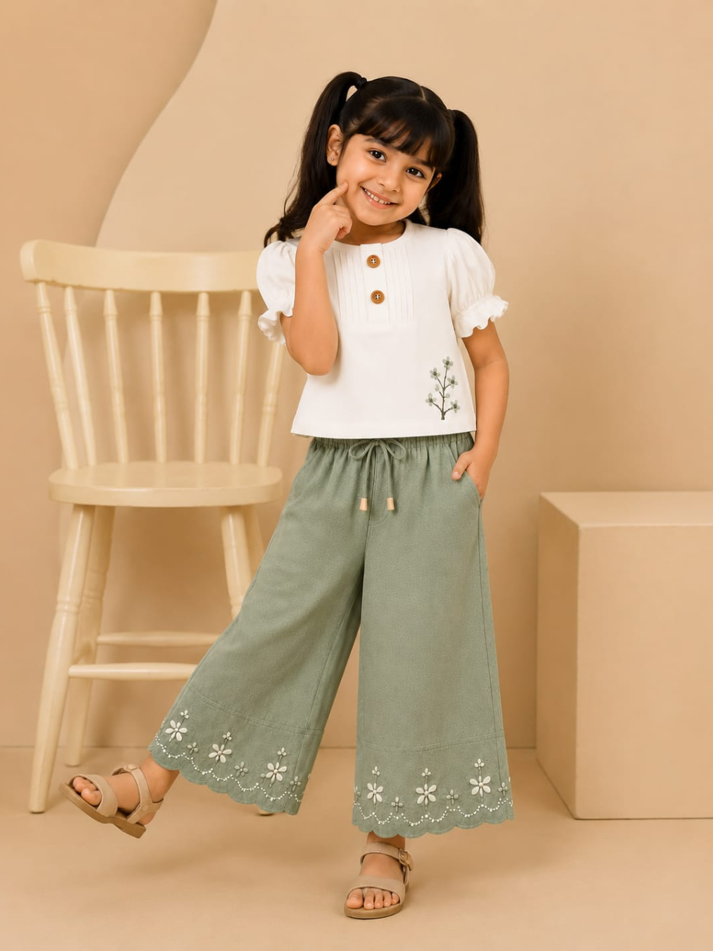 Ivory & Sage Green Embroidered Wide-Leg Set
