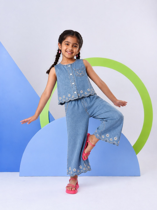 Blue Denim Floral Scallop Co-Ord Set