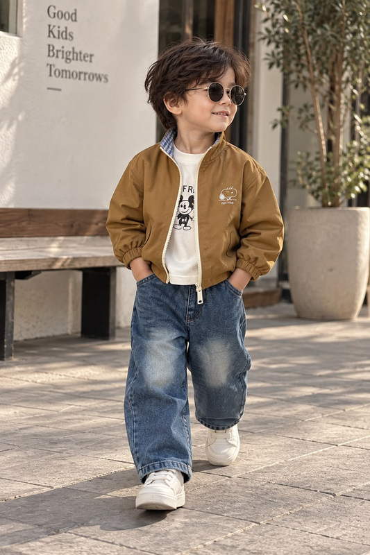 Brown Jacket + Blue Denim Set + white t-shirt