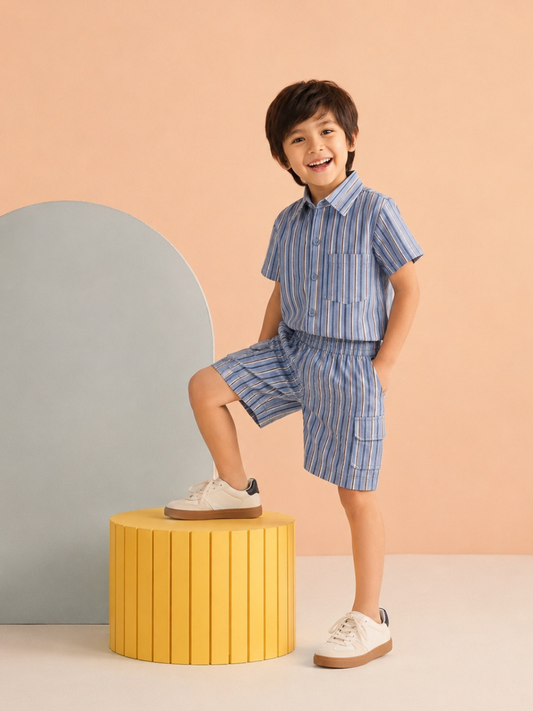 Blue Striped Shirt & Cargo Shorts Set