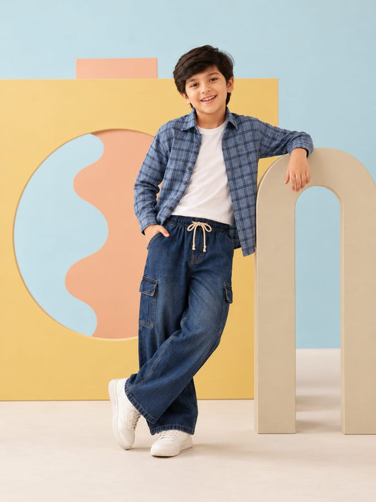 Sky Blue Checked Shirt & Dark Denim Cargo Set