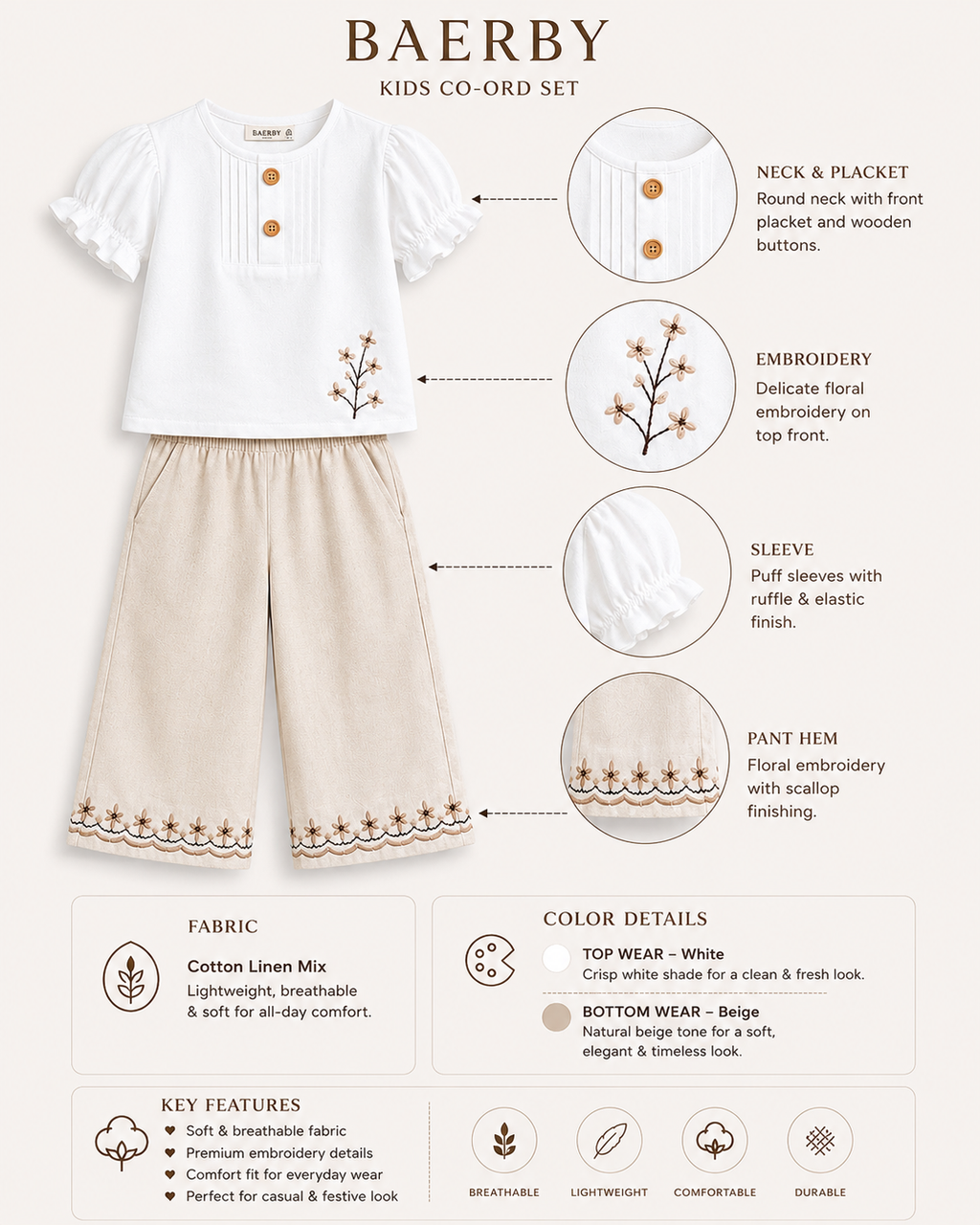 Floral Embroidered Cotton Top & Wide Leg Pants Set