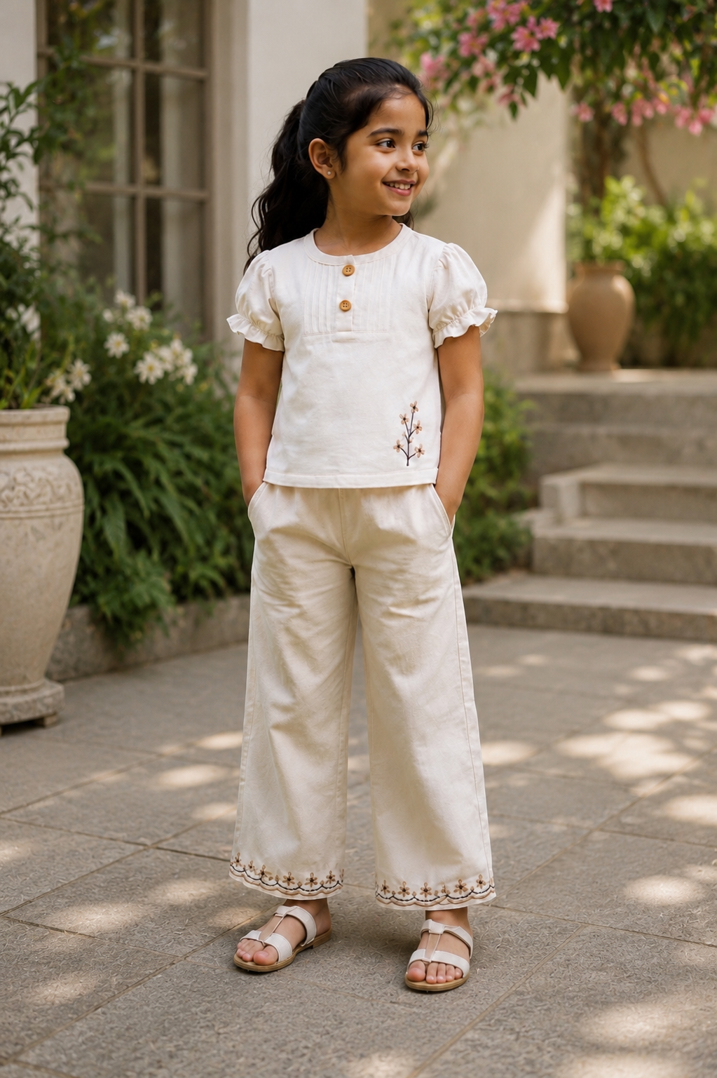 Floral Embroidered Cotton Top & Wide Leg Pants Set