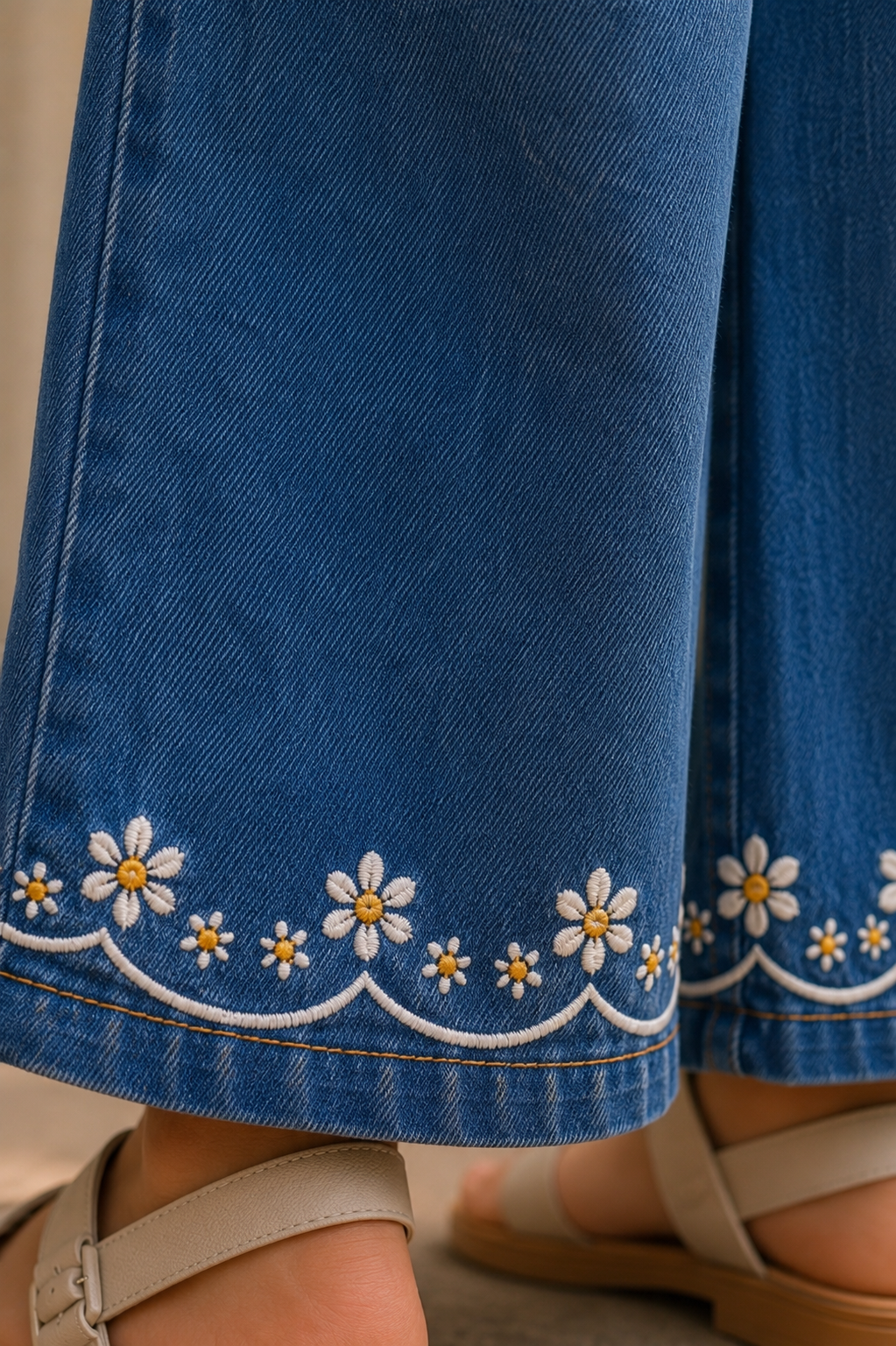 Girls Denim Embroidered Co-Ord Set | Sleeveless Top & Wide Leg Pants