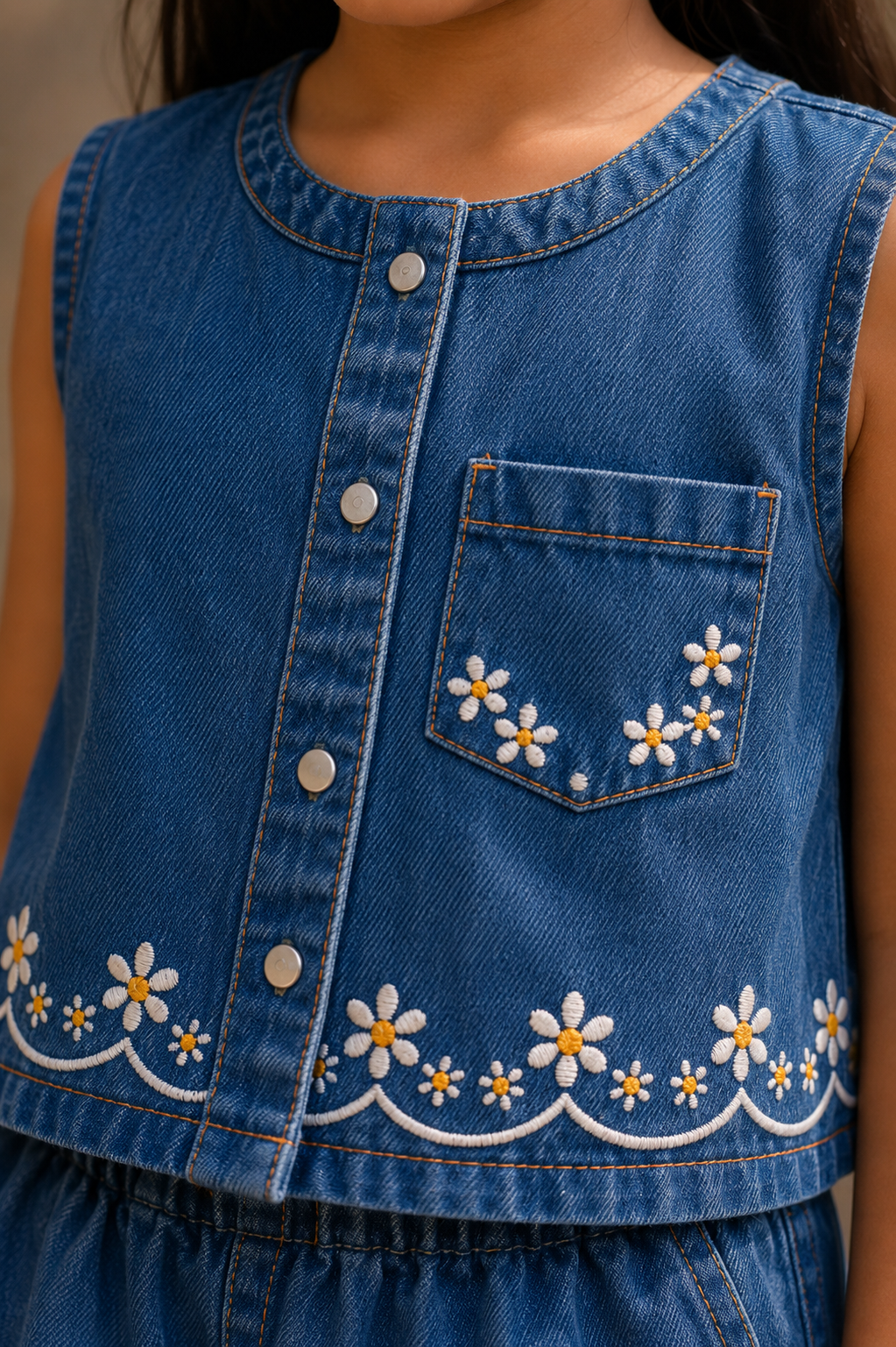 Girls Denim Embroidered Co-Ord Set | Sleeveless Top & Wide Leg Pants