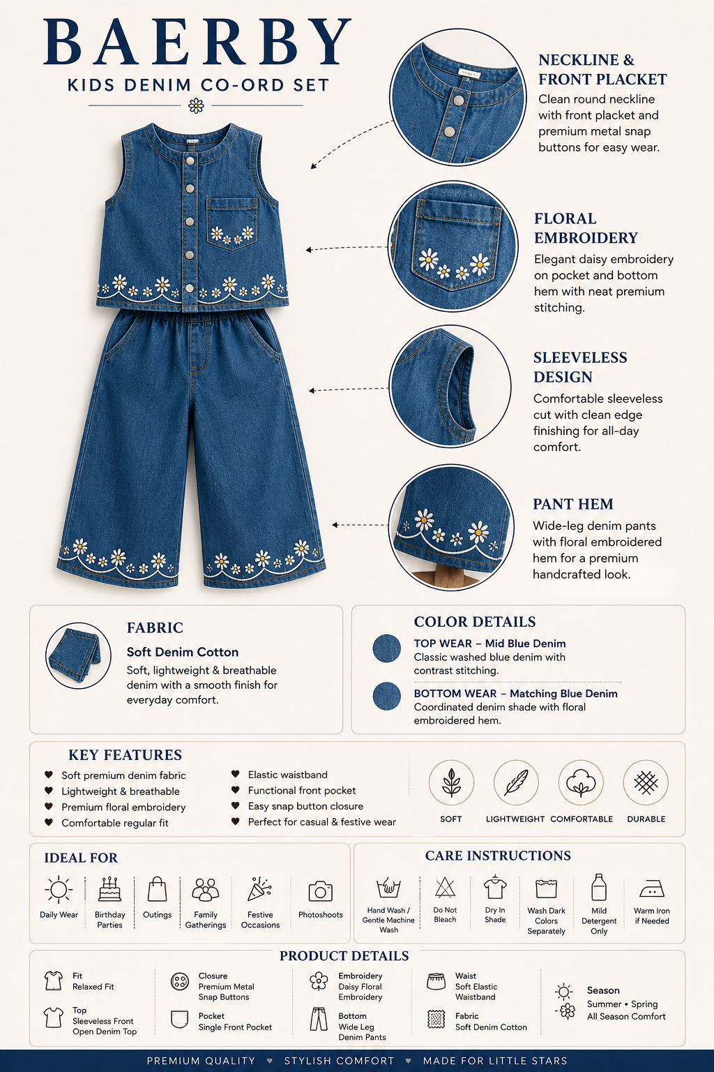 Girls Denim Embroidered Co-Ord Set | Sleeveless Top & Wide Leg Pants