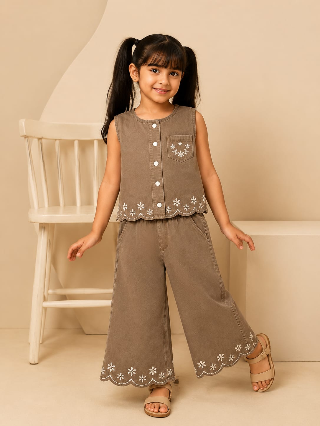 Taupe Floral Scallop Co-Ord Set